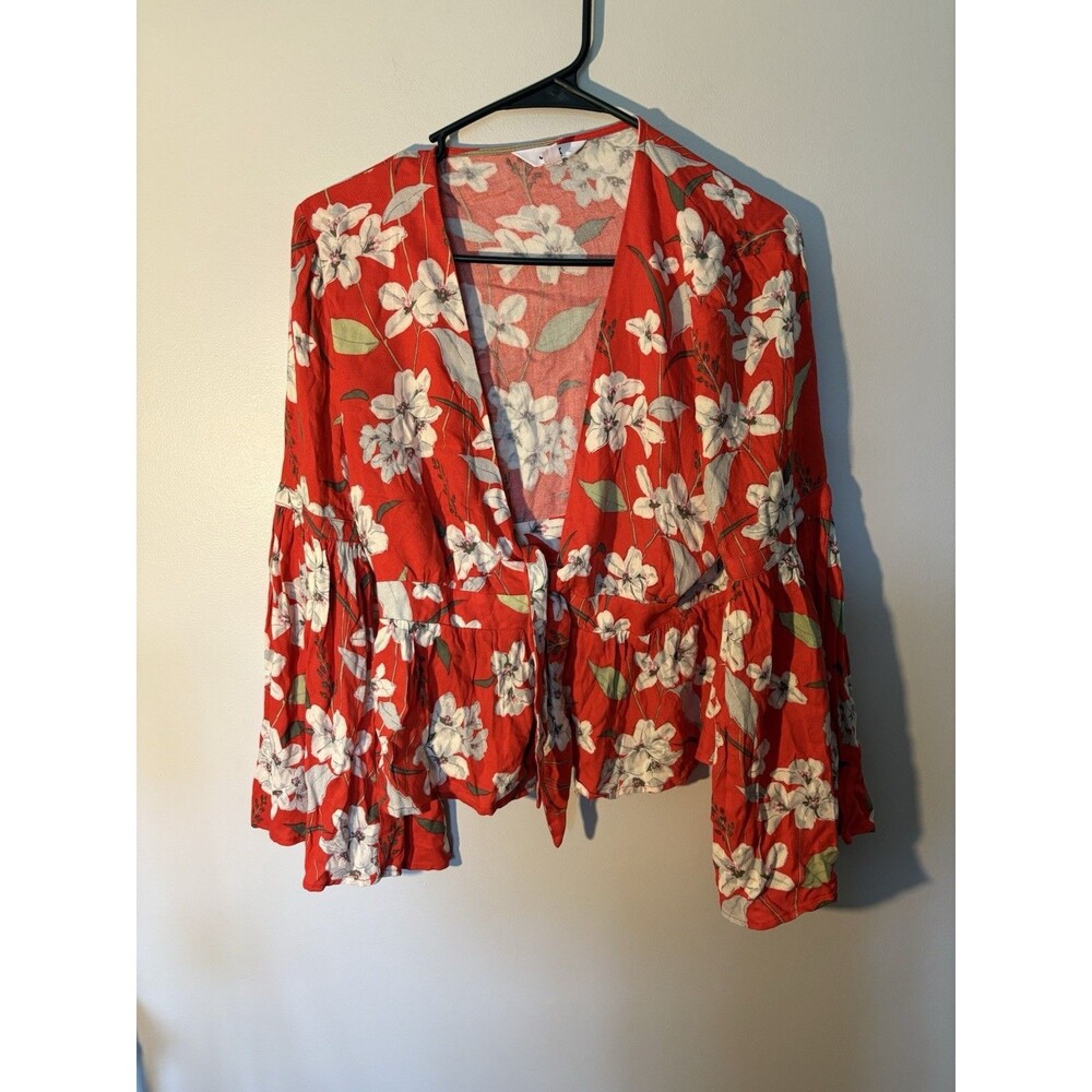 Women’s JACK by BB Dakota Floral Tie-Front Bell Sleeve Crop / Kimono Wrap Top, M